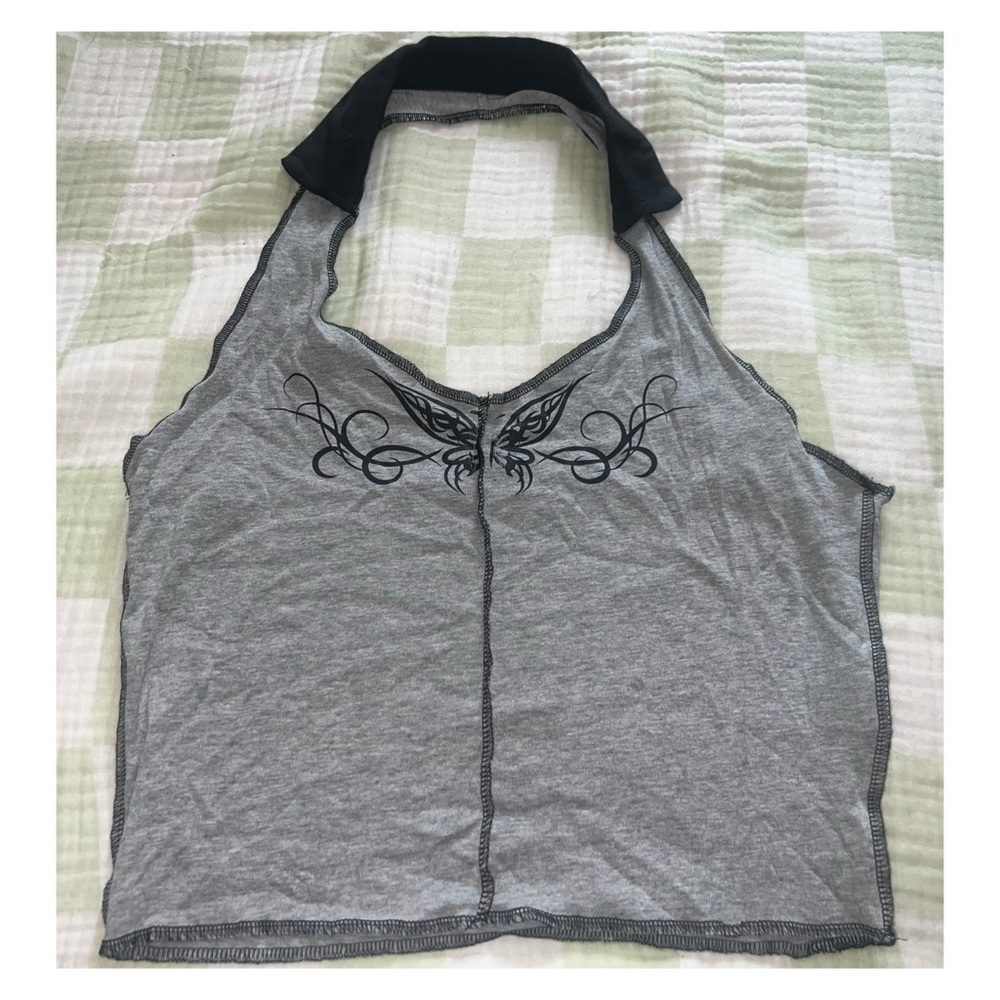 Gray Halter Top with Black butterfly Design